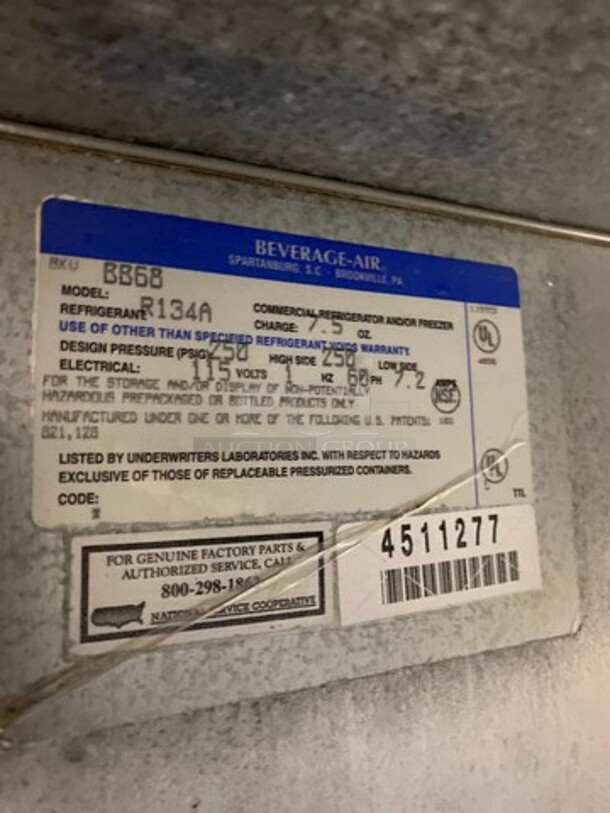Beverage Air Commercial 2 Door Bar Back Cooler! Stainless Steel! Model: BB68 SN: 4511277 115V 60HZ 1 Phase - Image 7 of 8