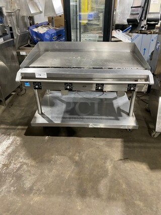 Vulcan Hart Commercial Natural Gas Powered Flat Top Griddle! With Back And Side Splashes! On Equipment Stand! All Stainless Steel! On Casters! Model: 48RRGCKR1 SN: 650097965