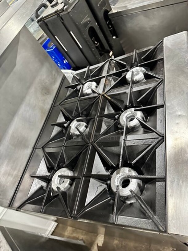 Wolf Commercial Natural Gas Powered 6 Burner Stove! With Raised Back Splash And Salamander Shelf! With Oven Underneath! All Stainless Steel! On Legs! - Image 5 of 10