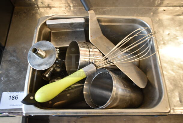 ALL ONE MONEY! Lot of Various Items Including Metal Cups and Utensils in Stainless Steel Drop In Bin - Image 1 of 2