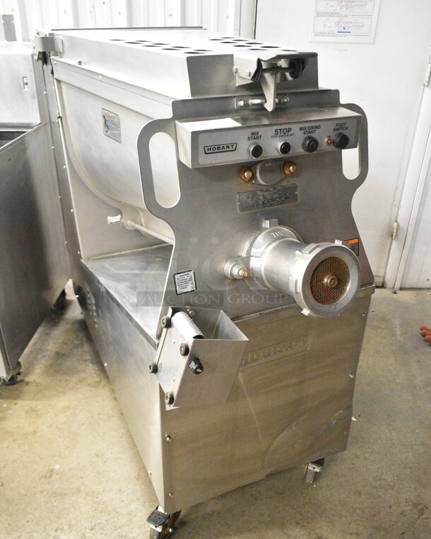 Hobart MG2032 Metal Commercial Floor Style Electric Powered Meat Mixer Grinder w/ Foot Pedal on Commercial Casters. 208 Volts, 3 Phase. Tested and Working! - Image 1 of 10