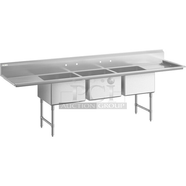 BRAND NEW SCRATCH AND DENT! Regency 600S32424224 Spec Line 124" 14 Gauge Stainless Steel Three Compartment Commercial Sink with 2 Drainboards - 24" x 24" x 14" Bowls. No Legs.  - Image 1 of 10