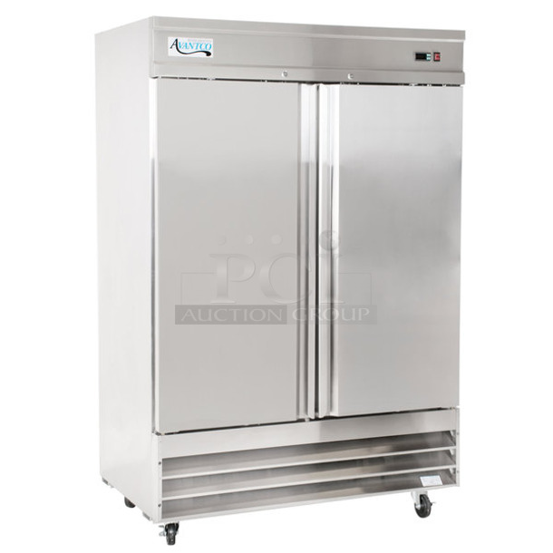 BRAND NEW SCRATCH AND DENT! 2023 Avantco 178SS2FHC Stainless Steel Commercial 2 Door Reach In  Freezer w/ Poly Coated Racks. 115 Volts, 1 Phase. Tested and Working!