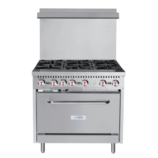 BRAND NEW SCRATCH AND DENT! 2023 KoolMore KM-CR-36-LP Stainless Steel Commercial Floor Style Propane Gas Powered 6 Burner Range w/ Oven and Back Splash. 210,000 BTU. 