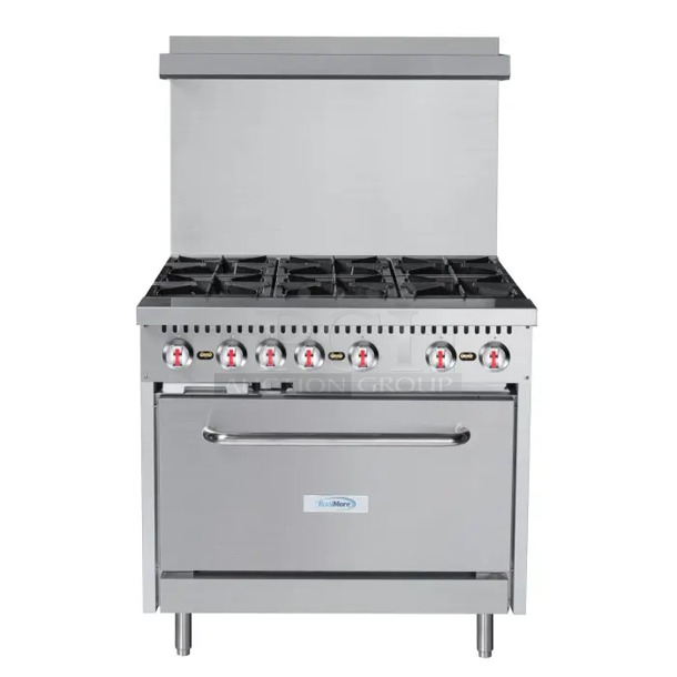 BRAND NEW SCRATCH AND DENT! 2023 KoolMore KM-CR-36-LP Stainless Steel Commercial Floor Style Propane Gas Powered 6 Burner Range w/ Oven and Back Splash. 210,000 BTU.  - Image 1 of 6
