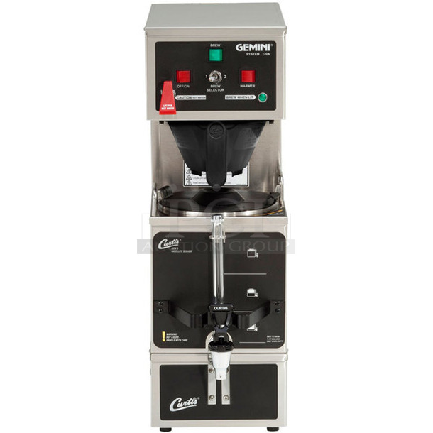 BRAND NEW SCRATCH AND DENT! Curtis GEM-120A-10 Gemini Stainless Steel Commercial Countertop Analog Satellite Coffee Brewer w/ Hot Water Dispenser, Satellite Server and Poly Brew Basket. 120 Volts, 1 Phase. 
