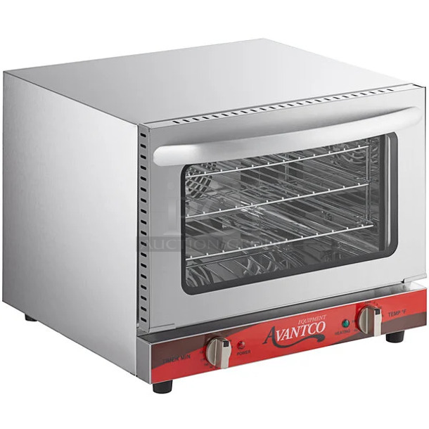 BRAND NEW SCRATCH AND DENT! Avantco 177CO14 Stainless Steel Commercial Countertop Electric Powered Quarter Size Convection Oven. 120 Volts, 1 Phase. Tested and Working!