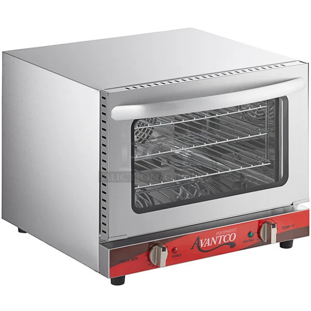 BRAND NEW SCRATCH AND DENT! Avantco 177CO14 Stainless Steel Commercial Countertop Electric Powered Quarter Size Convection Oven. 120 Volts, 1 Phase. Tested and Working! - Image 1 of 5