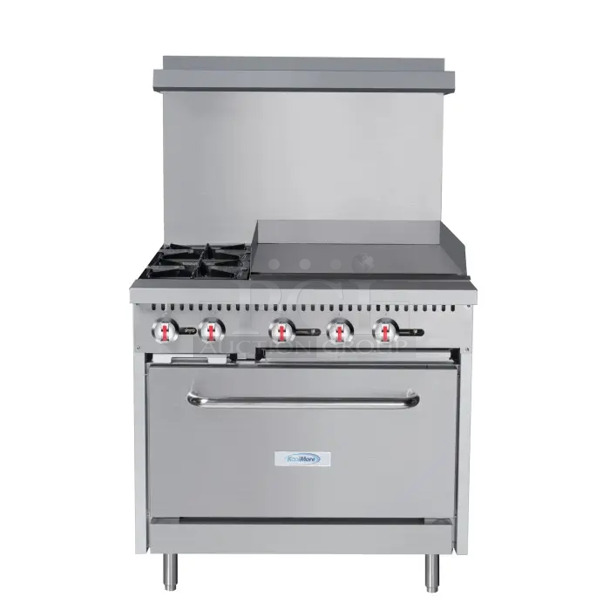 BRAND NEW SCRATCH AND DENT! KoolMore Stainless Steel Commercial Natural Gas Powered 2 Burner Range w/ Flat Top Griddle, Oven, Over Shelf and Back Splash. 