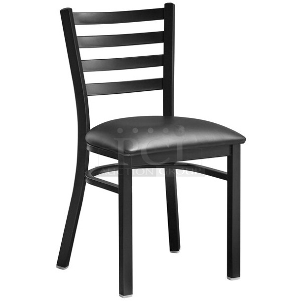 2 BRAND NEW SCRATCH AND DENT! Black Metal Dining Height Chair w/ Ladder Back and Black Seat Cushion. 2 Times Your Bid!