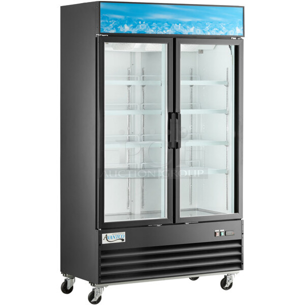 BRAND NEW SCRATCH AND DENT! 2023 Avantco 178GDC40HCB Metal Commercial 2 Door Reach In Cooler Merchandiser w/ Poly Coated Racks. See Pictures For Dent on Side. 115 Volts, 1 Phase. Tested and Working!
