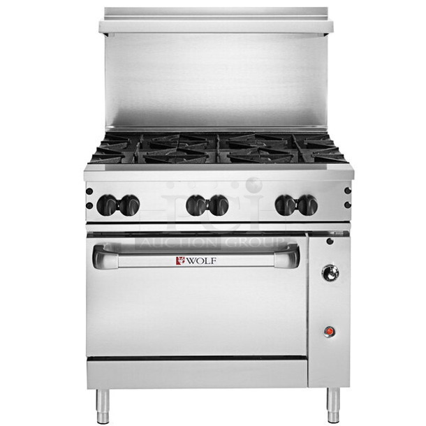 BRAND NEW SCRATCH AND DENT! Wolf Stainless Steel Commercial Propane Gas Powered 6 Burner Range w/ Convection Oven, Over Shelf and Back Splash.