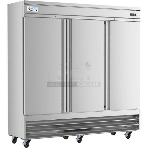 BRAND NEW SCRATCH AND DENT! 2023 Avantco 178SS3FHC Stainless Steel Commercial 3 Door Reach In Freezer on Commercial Casters. 115 Volts, 1 Phase. Tested and Working!