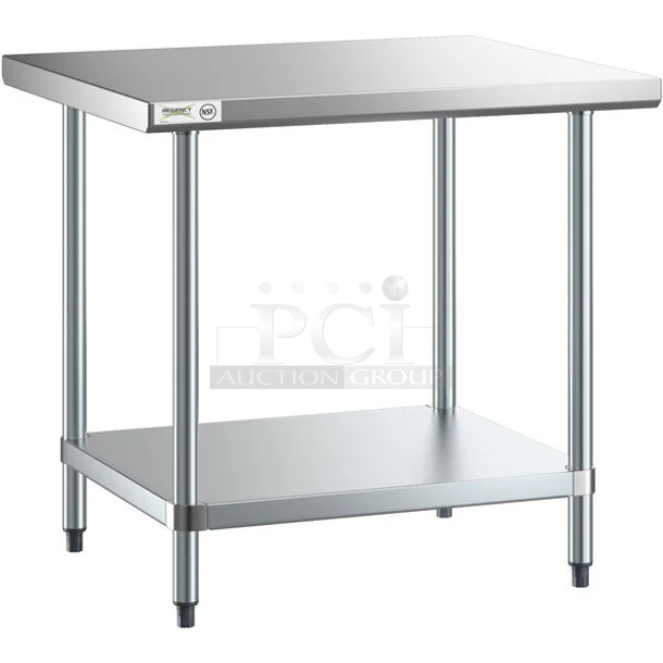 BRAND NEW SCRATCH AND DENT! Regency 600T3036G 30" x 36" 18-Gauge 304 Stainless Steel Commercial Work Table with Galvanized Legs and Undershelf - Image 1 of 2