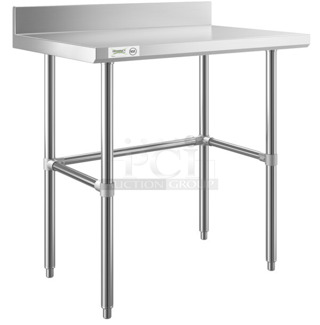 BRAND NEW SCRATCH AND DENT! Regency 600WT24X36BS 24" x 36" 16-Gauge 304 Stainless Steel Commercial Open Base Work Table with 4" Backsplash. No Legs.