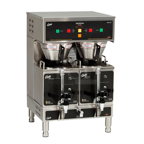 BRAND NEW SCRATCH AND DENT! Curtis GEM-12D-10 Stainless Steel Commercial Countertop Double Coffee Machine w/ Hot Water Dispenser, 2 Satellite Servers and 2 Poly Brew Baskets. 220 Volts, 1 Phase. - Item #1113086