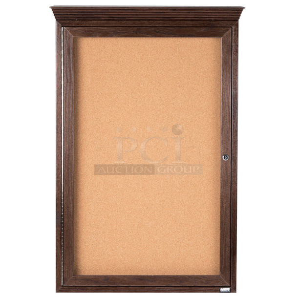BRAND NEW SCRATCH AND DENT! Aarco WBC3624RC 36" x 24" Enclosed Hinged Locking 1 Door Bulletin Board with Walnut Finish and Crown Molding - Image 1 of 3