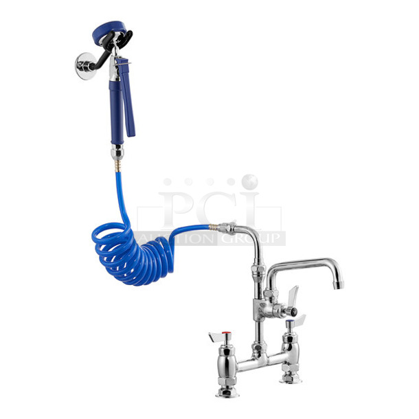 BRAND NEW SCRATCH AND DENT! Waterloo 750FDU88 2.6 GPM Deck-Mounted Pet Grooming / Utility Faucet with 8" Centers, 9' Coiled Hose, and 8" Add-On Faucet - Image 1 of 3