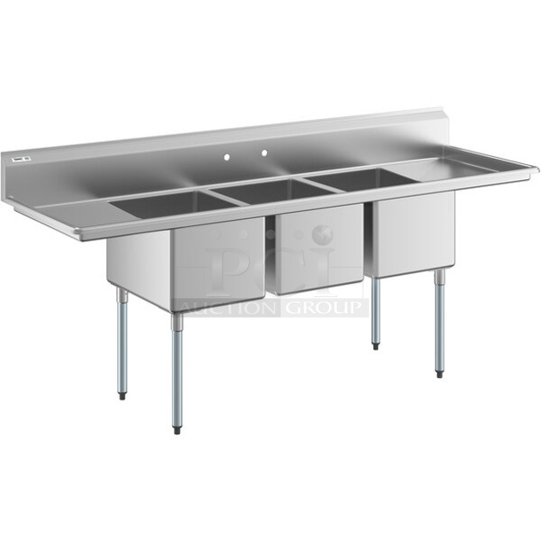BRAND NEW SCRATCH AND DENT! Regency 600S31824218 Stainless Steel Commercial 3 Bay Sink w/ Dual Drain Boards. No Legs. Bays 18x24x14. Drain Board 12x21 - Image 1 of 5