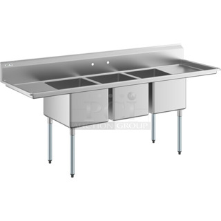BRAND NEW SCRATCH AND DENT! Regency 600S31824218 Stainless Steel Commercial 3 Bay Sink w/ Dual Drain Boards. No Legs. Bays 18x24x14. Drain Board 12x21