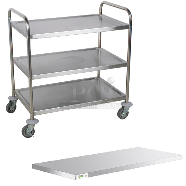 2 BRAND NEW SCRATCH AND DENT! Items; Choice 922T20030 33 3/4" x 21" x 37" Knocked Down 24 Gauge Stainless Steel 3 Shelf Utility Cart and Regency Work Tabletop. 2 Times Your Bid! - Image 1 of 6