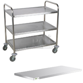 2 BRAND NEW SCRATCH AND DENT! Items; Choice 922T20030 33 3/4" x 21" x 37" Knocked Down 24 Gauge Stainless Steel 3 Shelf Utility Cart and Regency Work Tabletop. 2 Times Your Bid!