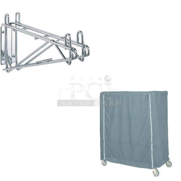 3 BRAND NEW SCRATCH AND DENT! Items; 2 Box Metro 2WD21S Super Erecta Stainless Steel Double Direct Wall Mount Bracket for Adjoining Shelves, Metro 21X48X74CMB Mariner Blue Coated Waterproof Vinyl Shelf Cart and Truck Cover with Zippered Closure 21" x 48" x 74". 3 Times Your Bid! - Image 1 of 4