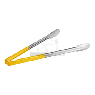 BRAND NEW SCRATCH AND DENT! 5 Vollrath 4781650 Jacob's Pride 16" Stainless Steel Scalloped Tongs with Yellow Coated Kool-Touch® Handle