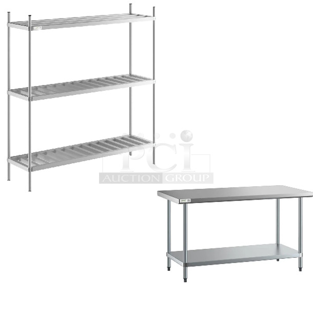 2 BRAND NEW SCRATCH AND DENT! Items Including Regency 600AKR72R 8 Keg Aluminum Keg Rack - 20" x 72" x 76" and Regency 600t3060g 30" x 60" 18-Gauge 304 Stainless Steel Commercial Work Table with Galvanized Legs and Undershelf. 2 Times Your Bid! May Be Missing Pieces.  - Image 1 of 4