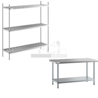 2 BRAND NEW SCRATCH AND DENT! Items Including Regency 600AKR72R 8 Keg Aluminum Keg Rack - 20" x 72" x 76" and Regency 600t3060g 30" x 60" 18-Gauge 304 Stainless Steel Commercial Work Table with Galvanized Legs and Undershelf. 2 Times Your Bid! May Be Missing Pieces. 