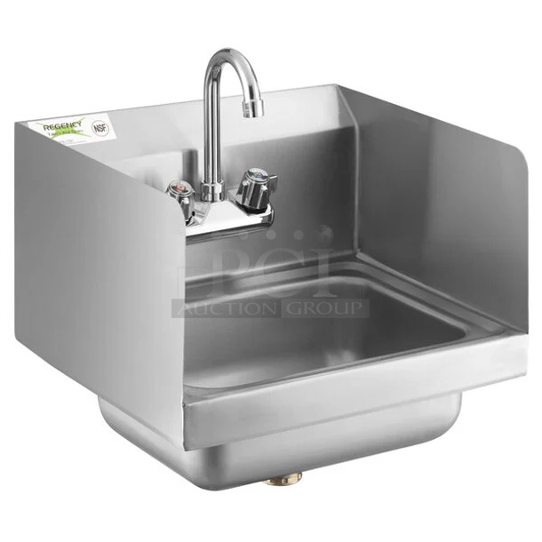 BRAND NEW SCRATCH AND DENT! Regency 600HS17SP 17" x 15" Wall-Mounted Hand Sink with Gooseneck Faucet and Side Splash. May Be Missing Pieces.  - Image 1 of 3