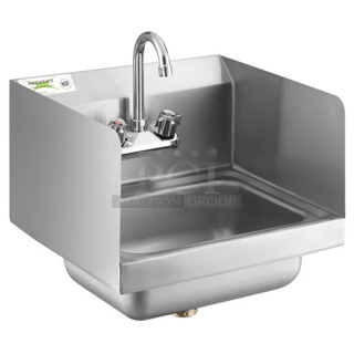 BRAND NEW SCRATCH AND DENT! Regency 600HS17SP 17" x 15" Wall-Mounted Hand Sink with Gooseneck Faucet and Side Splash. May Be Missing Pieces. 