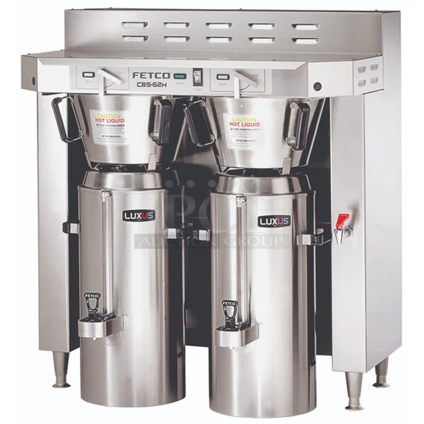 BRAND NEW SCRATCH AND DENT! Fetco CBS-62H C62046 Stainless Steel Twin Automatic Coffee Brewer w/ Hot Water Dispenser and 2 Metal Brew Baskets. No Satellite Server. 120/208-240 Volts, 1 Phase. - Image 1 of 12