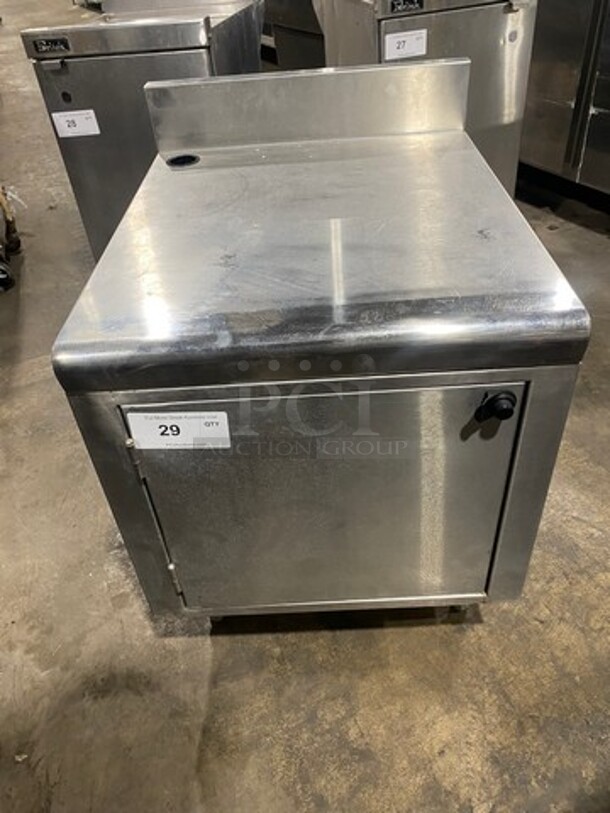 Custom Made Commercial Equipment Cabinet Stand! With Back Splash! With Single Door Storage Space Underneath! All Stainless Steel! On Legs!