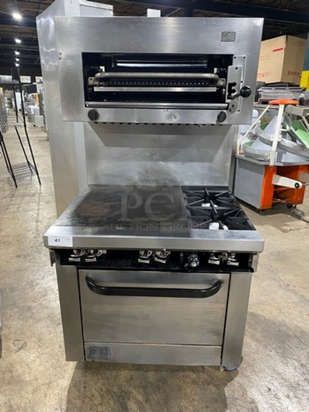 FAB! Southbend Commercial Natural Gas Powered Hot Plate With Right Side 2 Burner Range! With Raised Splash Back And Salamander! With Oven Underneath! All Stainless Steel! On Casters! - Image 1 of 10