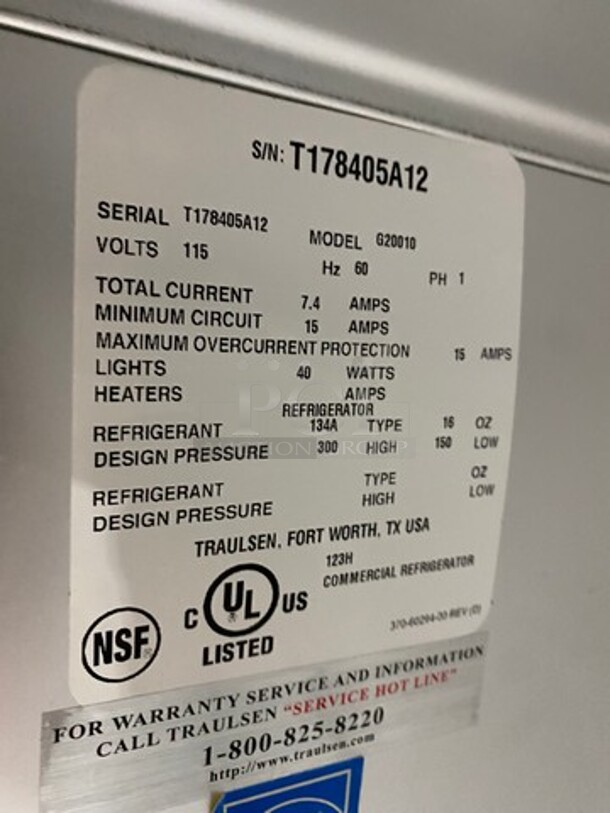Traulsen Commercial 2 Door Reach In Refrigerator! With Poly Coated Racks! All Stainless Steel! Model: G20010 SN: T178405A12 115V 60HZ 1 Phase - Image 8 of 10