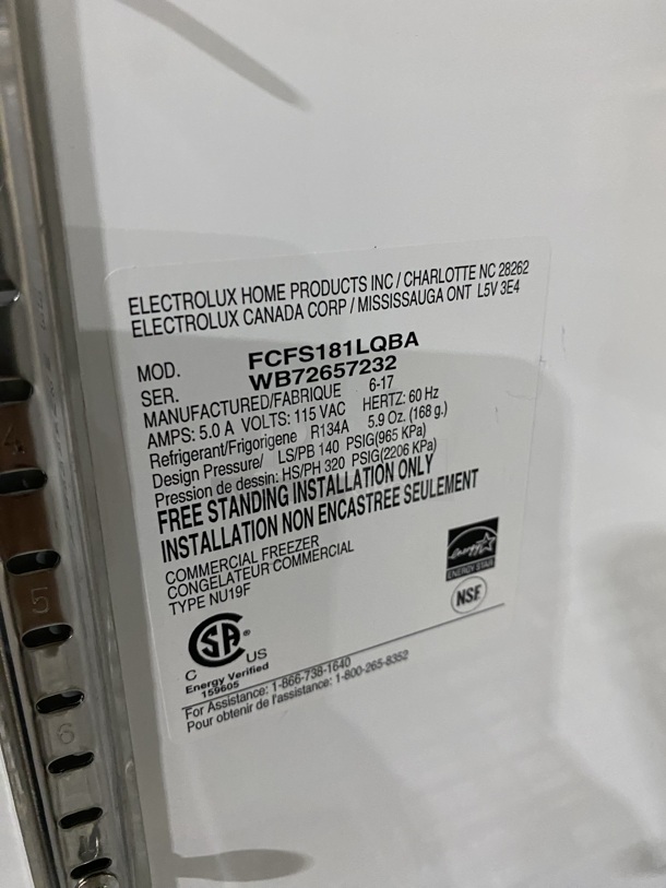 ELECTROLUX Stainless Steel 1 Door Freezer W/Poly Coated Racks! On Casters! Model FCFS181LQBA Serial WB72657232 115V/60Hz - Image 7 of 8