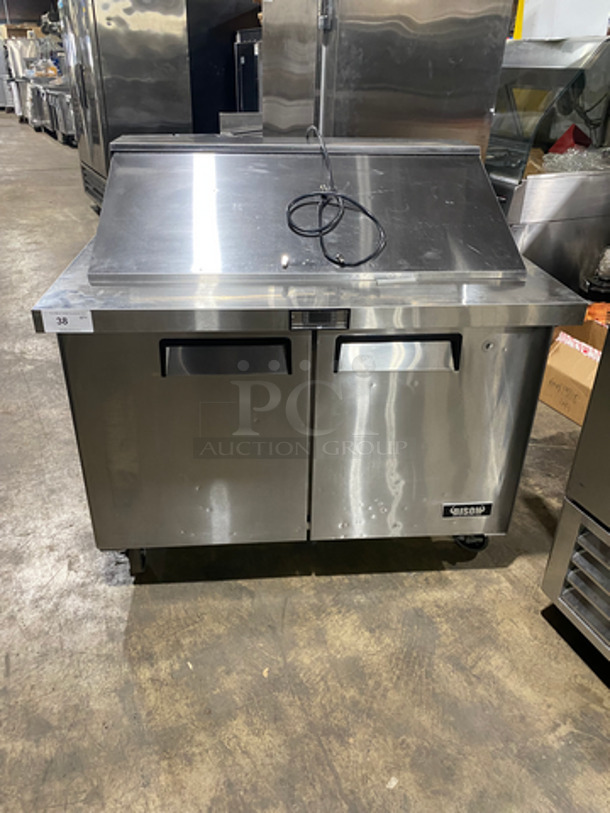 WOW! Bison Commercial Refrigerated Mega Top Sandwich Prep Table! With 2 Door Storage Space Underneath! With Poly Coated Racks! Not Tested! All Stainless Steel! On Casters! Model: BST4818 SN: BST481800317051100K80023 115V 60HZ 1 Phase