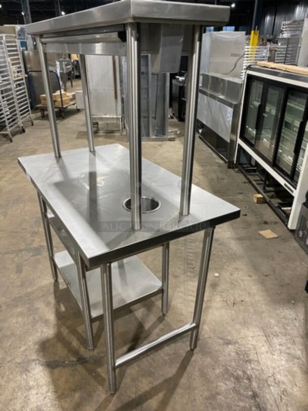 NICE! Commercial Work Top/ Prep Table! With Overhead Shelf! With Trash Deposit Hole! With Shelf Storage Space Underneath! Solid Stainless Steel! On Legs! - Image 2 of 9