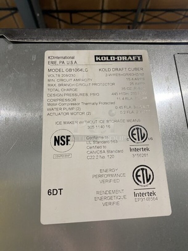 Kold Craft 1000LBS Ice Machine! Model GB1046LC! On Ice Bin! 208/230V 1 Phase! On Legs!  - Image 5 of 8