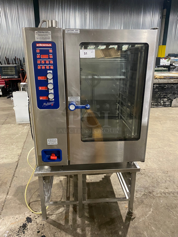 GREAT! Eloma Commercial Gas Powered Combi Oven! Single View Through Door! On Stand! With Pan Rack Holder Underneath! All Stainless Steel! On Legs! Model: MULTIMAXB1011G