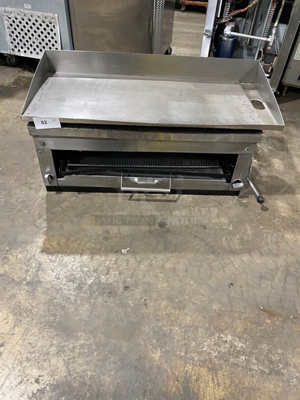 Commercial Natural Gas Powered Countertop Flat Top Griddle And Cheese Melter Combo! With Back And Side Splashes! All Stainless Steel! - Image 1 of 8