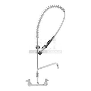 BRAND NEW SCRATCH AND DENT! Equip by T&S 5PR-8W12-C Wall Mounted 35 11/16" High Pre-Rinse Faucet with 8" Adjustable Centers, 1.2 GPM Spray Valve, 44" Hose, 12 1/8" Add-On Faucet, and 6" Wall Bracket