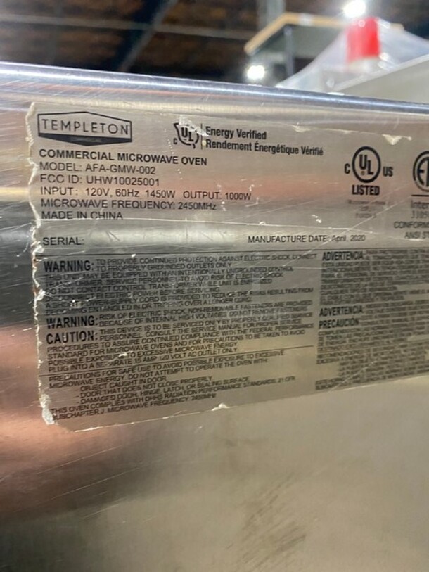 LATE MODEL! 2020 Templeton Commercial Countertop Microwave Oven! All Stainless Steel! Model: AFAGMW002 120V - Image 5 of 9
