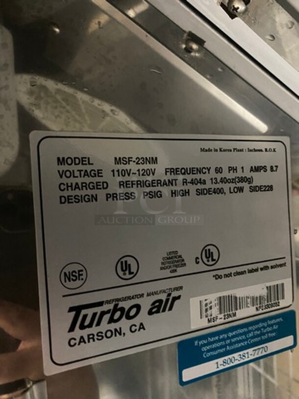 Turbo Air Commercial Single Door Reach-In Freezer! With Poly Coated Racks! Solid Stainless Steel! Maximum Series Model: MSF23NM SN: NF23309052 110/120V 60HZ 1 Phase - Image 7 of 9