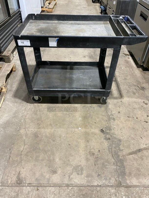 Commercial Black 2-Shelf Utility Cart with Flat Top and Built-In Tool Compartment! On Casters! - Item #1113637