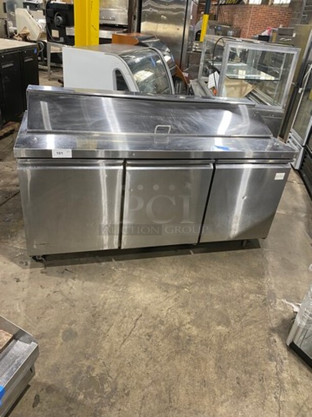 EQ Kitchen Line Commercial Refrigerated Sandwich Prep Table! With 3 Door Storage Space Underneath! Poly Coated Racks! All Stainless Steel! On Casters! Model: SCL3 SN: 6455423716101406 115V - Image 1 of 9