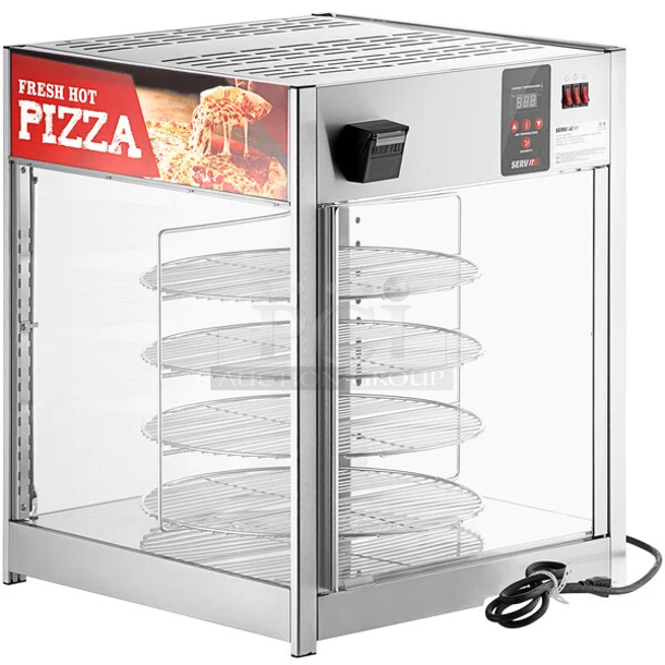 BRAND NEW SCRATCH & DENT! ServIt PDW18D1 18" Full-Service Pizza Warmer with 4-Shelf Rotating Rack. 23-1/2X23-1/2X17-1/2 GLASS IS BROKEN.  - Image 1 of 2