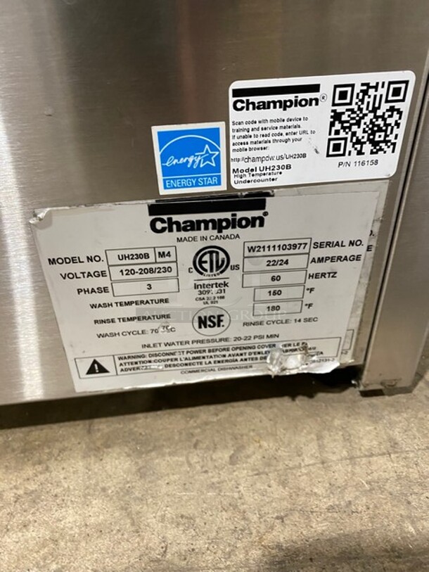 Champion Commercial Undercounter Dishwasher! All Stainless Steel! Model: UH230B SN: W2111103977 120/208/230V 60HZ 3 Phase - Image 8 of 9