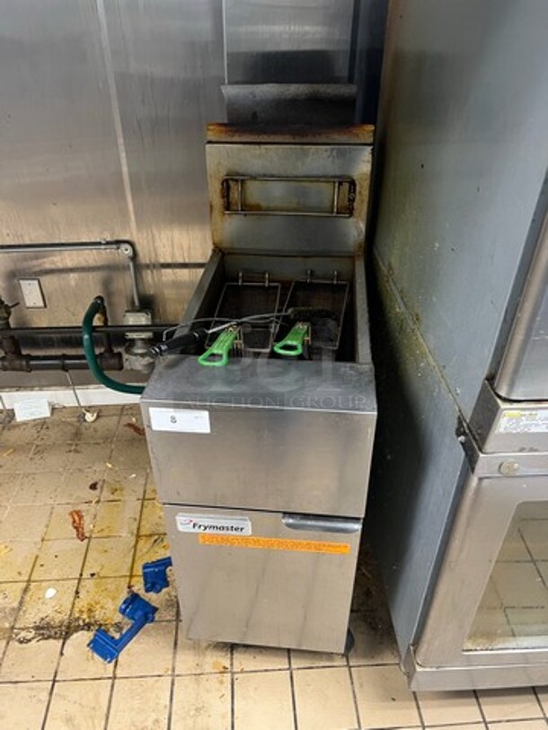 Frymaster Commercial Natural Gas Powered Deep Fat Fryer! With 2 Frying Baskets! With Backsplash! All Stainless Steel! On Casters! WORKING WHEN REMOVED!
